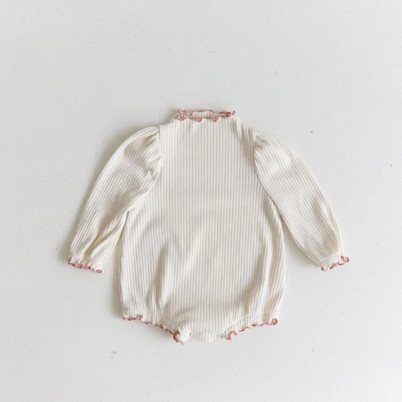 -ベビー 長袖ロンパース リブ フリル スタンドカラー シンプル ベーシック ピンク ベージュ 2カラー ガールズ 女の子 子供服 7819 - mamahalo shop - 長袖ロンパース -  べビー服 - 子供服 - 男の子 - 女の子
