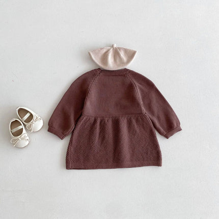 キッズワンピース シンプルベーシックニット長袖ワンピース ブラウン - mamahalo shop - 長袖ワンピース -  べビー服 - 子供服 - 男の子 - 女の子