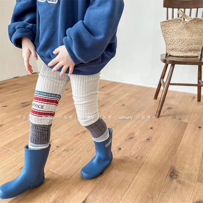 -キッズレギンスパンツ レターロゴパッチワーク 切り替えレギンス 裏フリース 2カラー ユニセックス 男の子 女の子 子供服 - mamahalo shop - レギンスパンツ -  べビー服 - 子供服 - 男の子 - 女の子