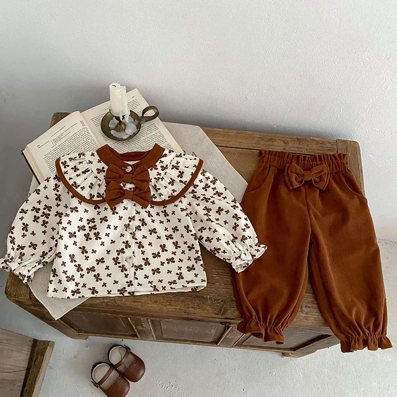 -ベビーセットアップ 2点セット 長袖ブラウス リボンロングパンツ ブラウン - mamahalo shop - 長袖セットアップ -  べビー服 - 子供服 - 男の子 - 女の子