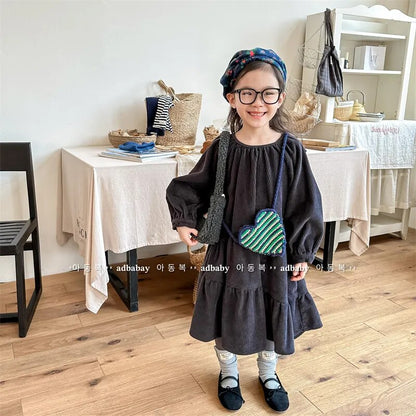 -キッズ 長袖ワンピース コーデュロイ ドレスワンピース カーキ ネイビーブルー 2カラー ガールズ 女の子 子供服 - mamahalo shop - 長袖ワンピース -  べビー服 - 子供服 - 男の子 - 女の子