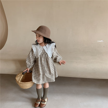 -キッズ ビッグ襟 チェック 無地 ワンピース 2スタイル【mh0002900】 - mamahalo shop - 長袖ワンピース -  べビー服 - 子供服 - 男の子 - 女の子