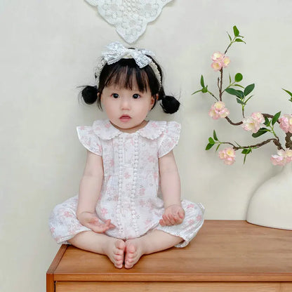 -ベビーロンパース 半袖フリルジャンプスーツ フラワー花柄プリント ヘアバンドセット【mh0005321】 - mamahalo shop - 半袖ロンパース -  べビー服 - 子供服 - 男の子 - 女の子