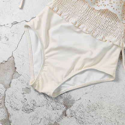 -キッズ 水着 ワンピース レース フリル シャーリング エレガント 帽子 セット スイムウェア ベージュ ガールズ【mh0002002】 - mamahalo shop - ベビー用水着 -  べビー服 - 子供服 - 男の子 - 女の子