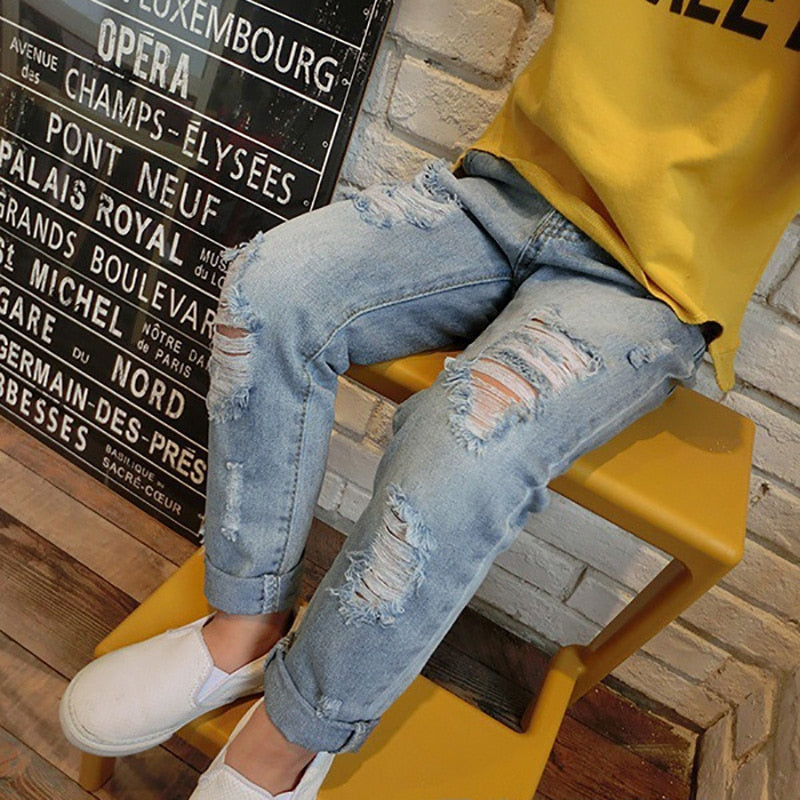 -キッズ ダメージ加工 デニム ルーズ スリム パンツ ジーンズ ジーパン ボーイズ【mh0002532】 - mamahalo shop - デニムパンツ -  べビー服 - 子供服 - 男の子 - 女の子