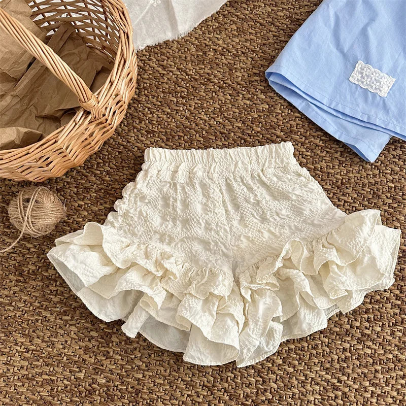 -キッズパンツ ダブルフリルショートパンツ ベージュ - mamahalo shop - ハーフパンツ・ショートパンツ -  べビー服 - 子供服 - 男の子 - 女の子