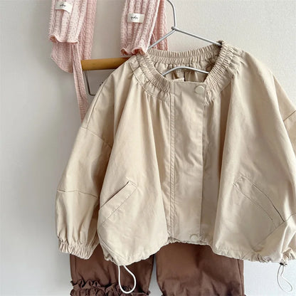 -キッズアウター ジップアップドロストジャンパージャケット カーキ - mamahalo shop - ショートコート・ジャケット・ジャンパー -  べビー服 - 子供服 - 男の子 - 女の子