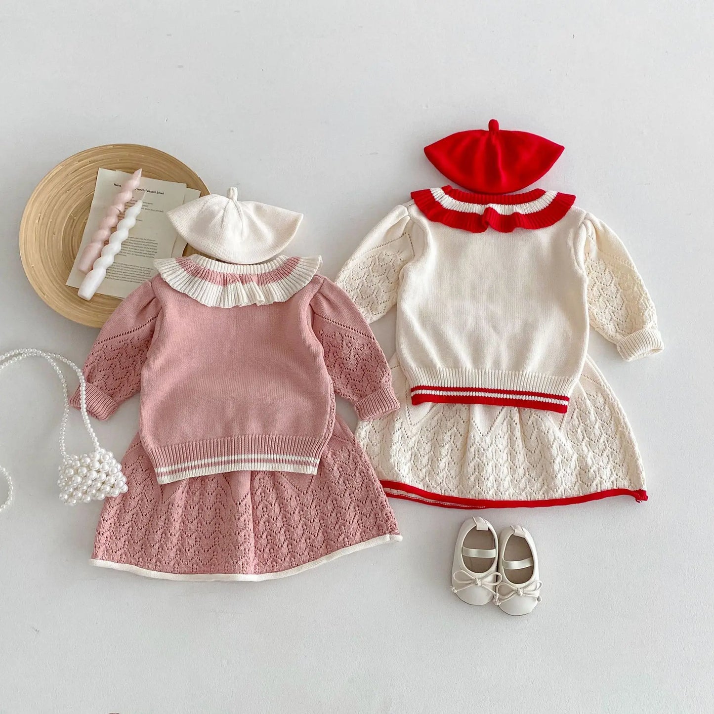 -キッズトップス/スカート レースニットフリルサークル襟セーター/レースニットAラインスカート 2カラー - mamahalo shop - 長袖セットアップ -  べビー服 - 子供服 - 男の子 - 女の子