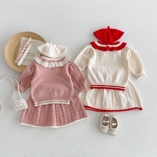 -キッズトップス/スカート レースニットフリルサークル襟セーター/レースニットAラインスカート 2カラー - mamahalo shop - 長袖セットアップ -  べビー服 - 子供服 - 男の子 - 女の子