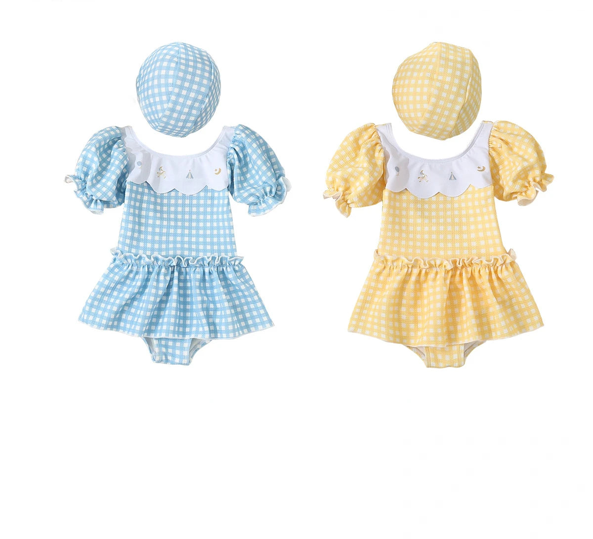 -キッズ水着 帽子セット 半袖ワンピース パフスリーブ チェック スカート スイムウェア 2カラー【mh0005131】 - mamahalo shop - ベビー用水着 -  べビー服 - 子供服 - 男の子 - 女の子