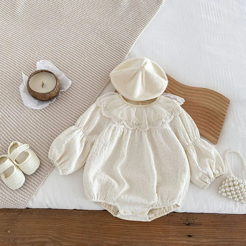 -ベビーロンパース 長袖ボディスーツ レースフリル襟 バブルスリーブ ベージュ - mamahalo shop - 長袖ロンパース -  べビー服 - 子供服 - 男の子 - 女の子