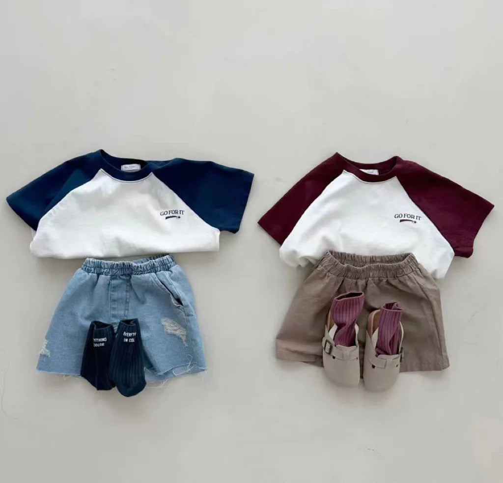 -ベビートップス 半袖パッチワークTシャツ ラグラン レターロゴプリント 2カラー【mh0005470】 - mamahalo shop - 半袖Tシャツ -  べビー服 - 子供服 - 男の子 - 女の子