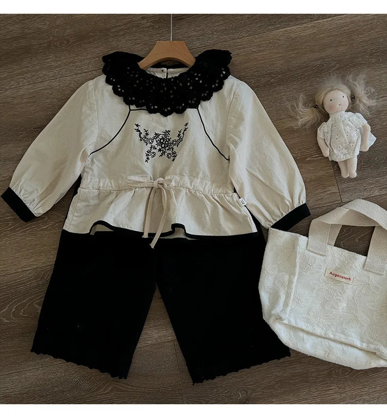 -キッズトップス ラッフル襟フラワー刺繍チュニックブラウス/ロングフリルパンツ - mamahalo shop - 長袖セットアップ -  べビー服 - 子供服 - 男の子 - 女の子