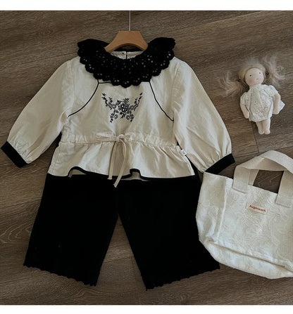 -キッズトップス ラッフル襟フラワー刺繍チュニックブラウス/ロングフリルパンツ - mamahalo shop - 長袖セットアップ -  べビー服 - 子供服 - 男の子 - 女の子