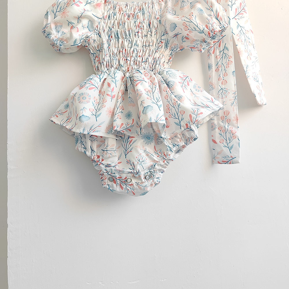 -ベビー フラワー 花柄 シャーリング スカート 半袖 ロンパース ドレス リボン セット ガールズ【mh0002073】 - mamahalo shop - 半袖ロンパース -  べビー服 - 子供服 - 男の子 - 女の子