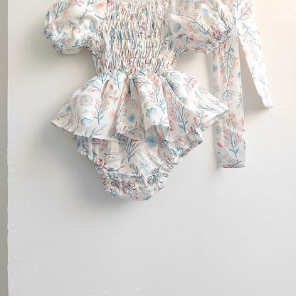 -ベビー フラワー 花柄 シャーリング スカート 半袖 ロンパース ドレス リボン セット ガールズ【mh0002073】 - mamahalo shop - 半袖ロンパース -  べビー服 - 子供服 - 男の子 - 女の子