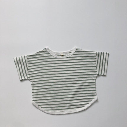 キッズ ボーダー ルーズ 半袖 Tシャツ トップス 4カラー ユニセックス - mamahalo shop - 半袖Tシャツ - ベビー服 - 子供服 - 男の子 - 女の子