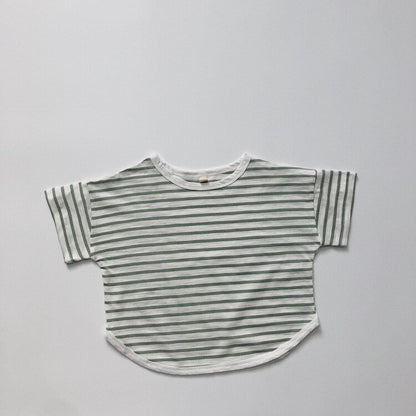 -キッズ ボーダー ルーズ 半袖 Tシャツ トップス 4カラー ユニセックス - mamahalo shop - 半袖Tシャツ -  べビー服 - 子供服 - 男の子 - 女の子