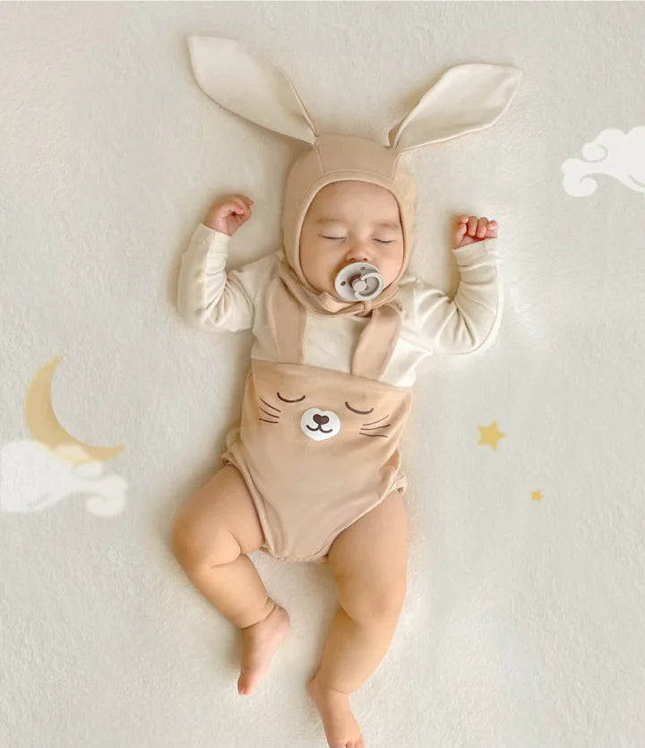 -ベビー うさぎ うさ耳 バニー ドッキング 半袖 ロンパース 耳帽子 セット ピンク アプリコット ユニセックス【mh0001994】 - mamahalo shop - 半袖ロンパース -  べビー服 - 子供服 - 男の子 - 女の子