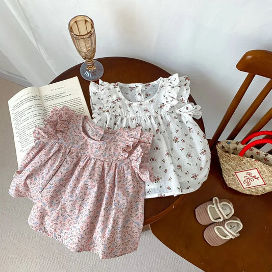 -ベビートップス バタフライスリーブ フリル ノースリーブチュニックブラウス フラワー花柄プリント 2カラー - mamahalo shop - タンクトップ・キャミソール・ノースリーブトップス -  べビー服 - 子供服 - 男の子 - 女の子