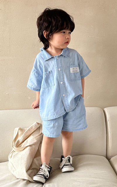 -キッズ デニム ボーイズ セットアップ 半袖 シャツ ショートパンツ ガールズ 半袖シャツ ワンピース リンク 兄弟 姉妹 お揃い コーデ - mamahalo shop - 半袖ワンピース -  べビー服 - 子供服 - 男の子 - 女の子