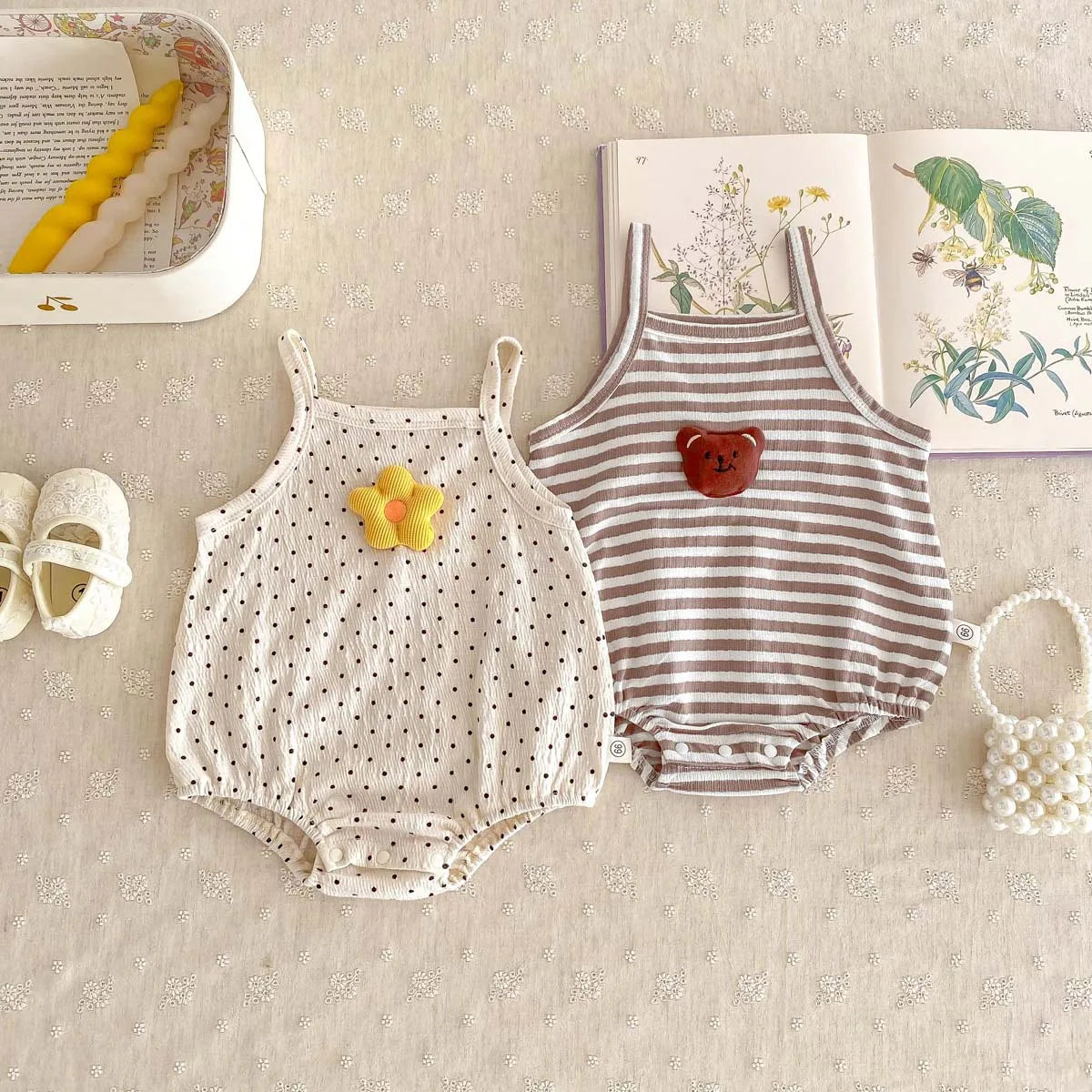 -☺︎ ベビーロンパース キャミソールボディスーツ ボーダー柄/水玉ドットプリント 2カラー - mamahalo shop - ノースリーブロンパース -  べビー服 - 子供服 - 男の子 - 女の子