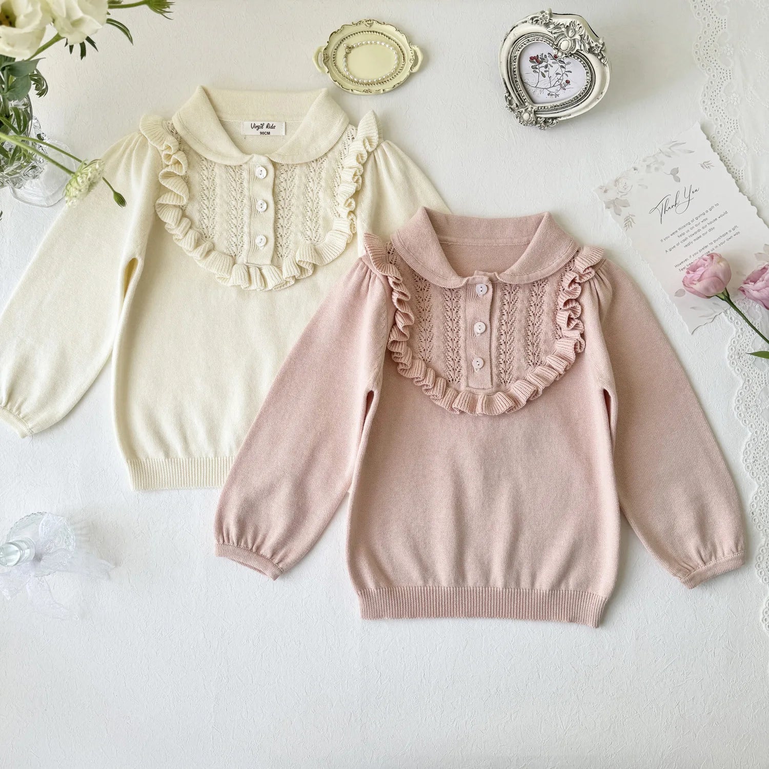 -キッズトップス ニット 長袖ブラウス フ襟付きフリルカットソー  ピンク/ベージュ/2カラー【mh0004497】 - mamahalo shop - 長袖シャツ・ブラウス -  べビー服 - 子供服 - 男の子 - 女の子