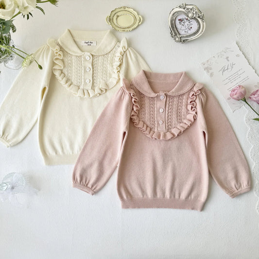 -キッズトップス ニット 長袖ブラウス フ襟付きフリルカットソー  ピンク/ベージュ/2カラー【mh0004497】 - mamahalo shop - 長袖シャツ・ブラウス -  べビー服 - 子供服 - 男の子 - 女の子