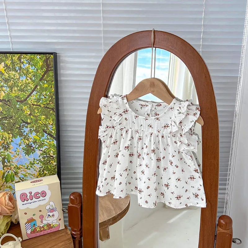 -ベビートップス バタフライスリーブ フリル ノースリーブチュニックブラウス フラワー花柄プリント 2カラー - mamahalo shop - タンクトップ・キャミソール・ノースリーブトップス -  べビー服 - 子供服 - 男の子 - 女の子