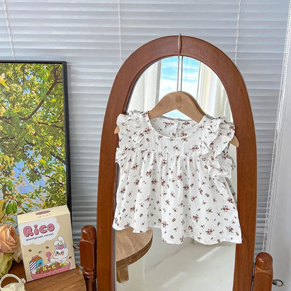 -ベビートップス バタフライスリーブ フリル ノースリーブチュニックブラウス フラワー花柄プリント 2カラー - mamahalo shop - タンクトップ・キャミソール・ノースリーブトップス -  べビー服 - 子供服 - 男の子 - 女の子