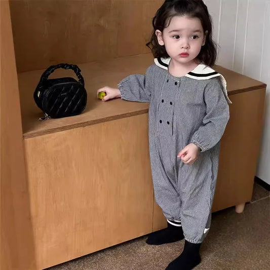 -ベビージャンプスーツ セーラーカラーストライプ/無地長袖つなぎ 2カラー - mamahalo shop - 長袖ジャンプスーツ -  べビー服 - 子供服 - 男の子 - 女の子