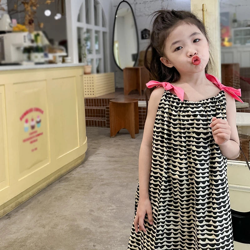 -キッズワンピース キャミソールサマードレス 幾何学プリント リボンショルダー【mh0005725】 - mamahalo shop - ノースリーブワンピース -  べビー服 - 子供服 - 男の子 - 女の子