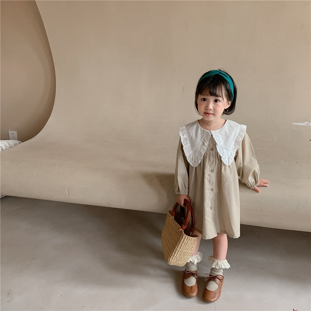 -キッズ ビッグ襟 チェック 無地 ワンピース 2スタイル【mh0002900】 - mamahalo shop - 長袖ワンピース -  べビー服 - 子供服 - 男の子 - 女の子