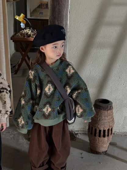 -キッズスウェットシャツ トライバル柄 ボアフリーストレーナー トップス カーキ グリーン 2カラー ユニセックス 男の子 女の子 子供服 - mamahalo shop - トレーナー・フーディ -  べビー服 - 子供服 - 男の子 - 女の子