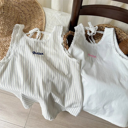 -キッズワンピース レース 刺繍 ノースリーブ オーバーワンピース 無地/ストライプ - mamahalo shop - ノースリーブワンピース -  べビー服 - 子供服 - 男の子 - 女の子