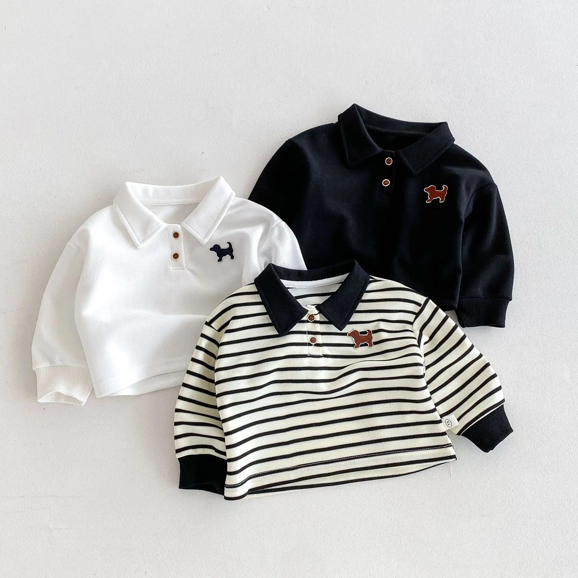 -ベビーキッズトップス ドッグワンポイント長袖ポロシャツ 無地/ボーダー3カラー【mh0007109】 - mamahalo shop - 長袖シャツ・ブラウス -  べビー服 - 子供服 - 男の子 - 女の子