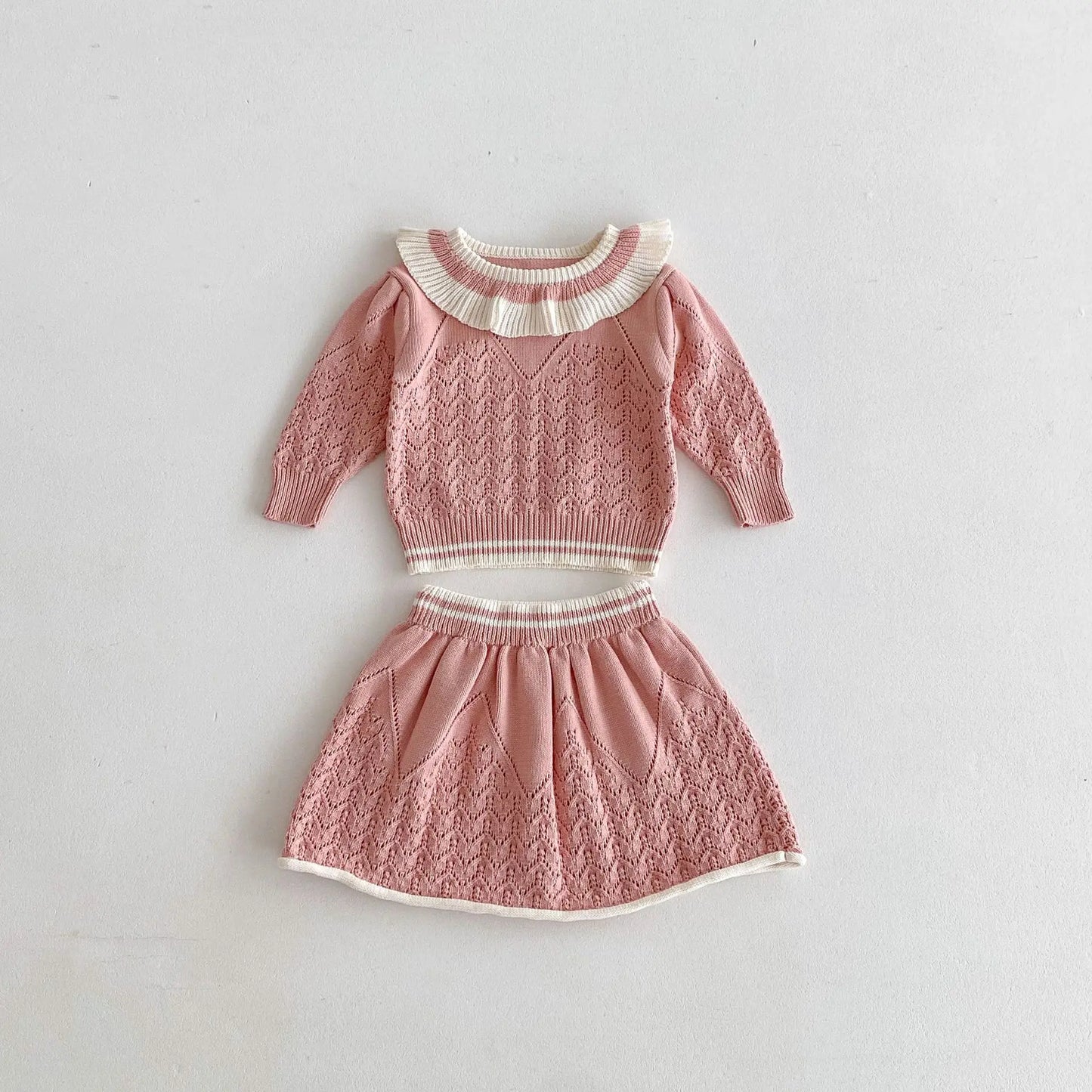 -キッズトップス/スカート レースニットフリルサークル襟セーター/レースニットAラインスカート 2カラー - mamahalo shop - 長袖セットアップ -  べビー服 - 子供服 - 男の子 - 女の子