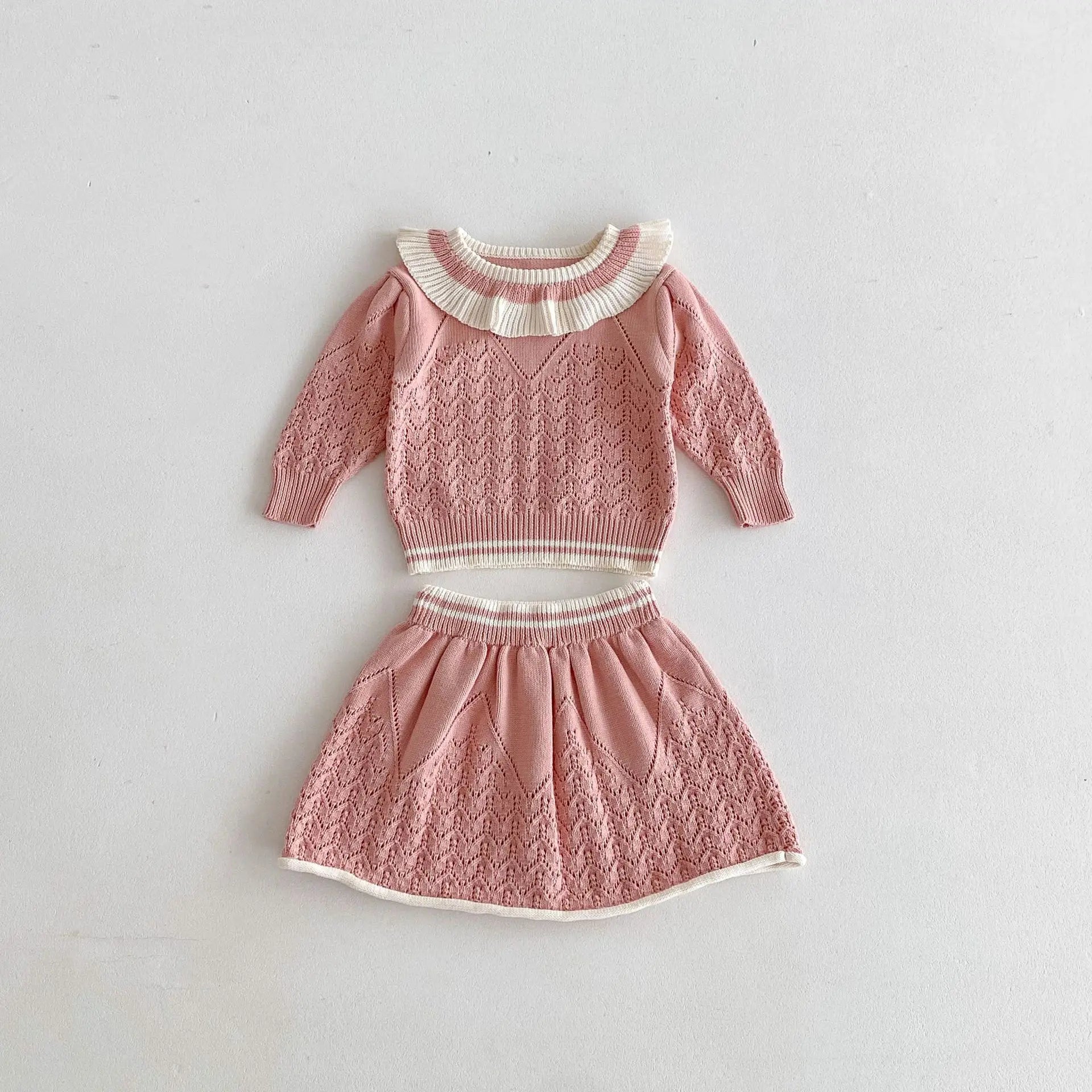 -キッズトップス/スカート レースニットフリルサークル襟セーター/レースニットAラインスカート 2カラー - mamahalo shop - 長袖セットアップ -  べビー服 - 子供服 - 男の子 - 女の子