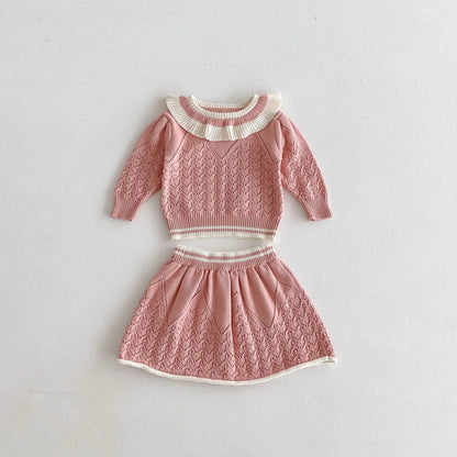 -キッズトップス/スカート レースニットフリルサークル襟セーター/レースニットAラインスカート 2カラー - mamahalo shop - 長袖セットアップ -  べビー服 - 子供服 - 男の子 - 女の子