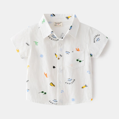 -キッズトップス 半袖シャツ サマープリント柄 ブルー/ホワイト/2カラー - mamahalo shop - 半袖シャツ・ブラウス -  べビー服 - 子供服 - 男の子 - 女の子