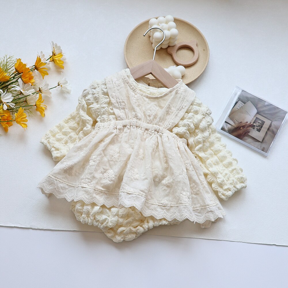 -ベビー ポップコーン セットアップ 長袖 トップス ブルマパンツ ベージュ ブラック レース フリル エプロン ドレス ガールズ - mamahalo shop - 長袖セットアップ -  べビー服 - 子供服 - 男の子 - 女の子