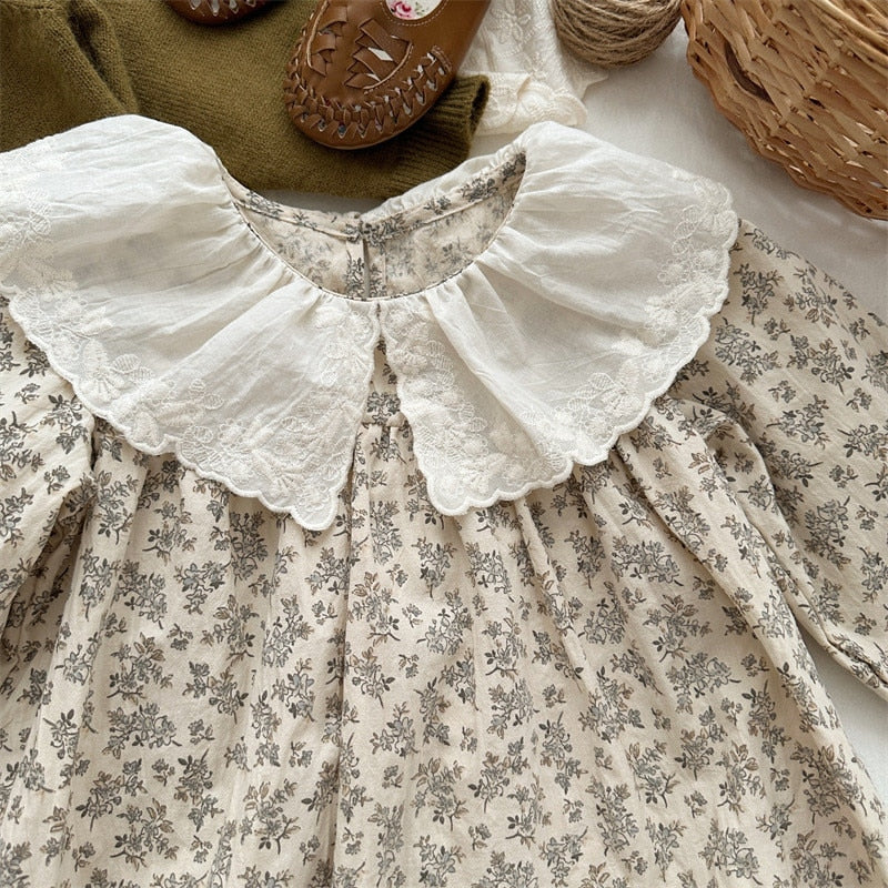 -キッズ レース ビッグカラー フラワー 花柄 長袖 ワンピース ガールズ - mamahalo shop - 長袖ワンピース -  べビー服 - 子供服 - 男の子 - 女の子