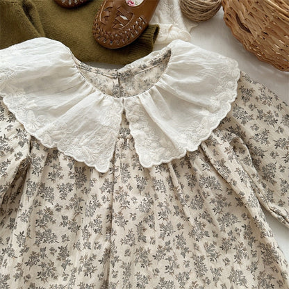 -キッズ レース ビッグカラー フラワー 花柄 長袖 ワンピース ガールズ - mamahalo shop - 長袖ワンピース -  べビー服 - 子供服 - 男の子 - 女の子