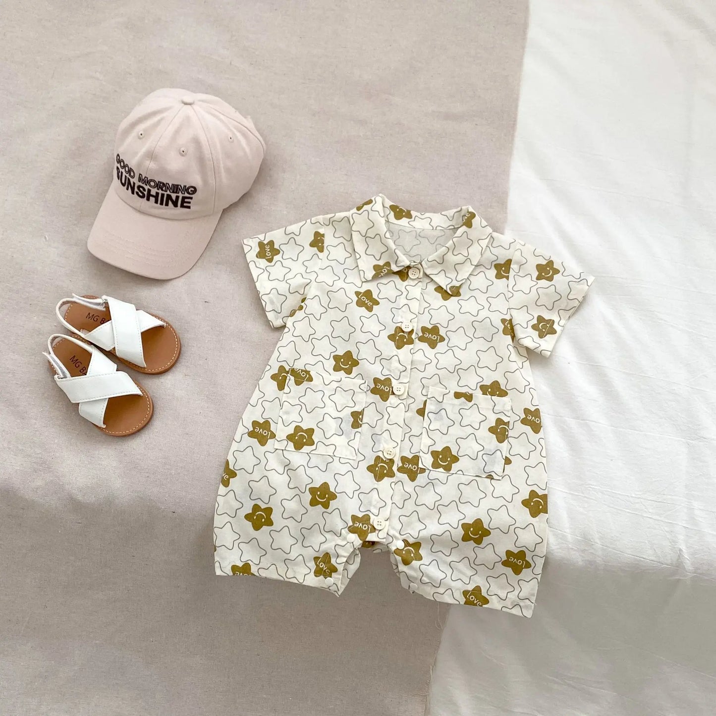 -ベビージャンプスーツ 半袖つなぎ 恐竜ダイナソー/星スタープリント【mh0006312】 - mamahalo shop - 半袖ジャンプスーツ -  べビー服 - 子供服 - 男の子 - 女の子