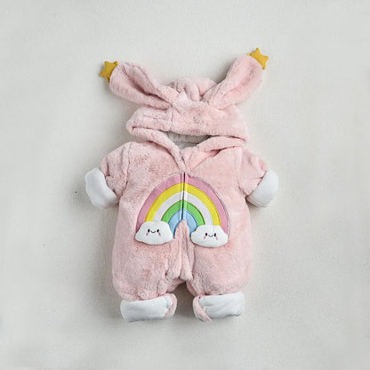 -ベビーアウタージャンプスーツ うさぎ バニー 耳付きフーディロンパース フリース ピンク ホワイト 2カラー ユニセックス 男の子 女の子 子供服 - mamahalo shop - アウタージャンプスーツ -  べビー服 - 子供服 - 男の子 - 女の子