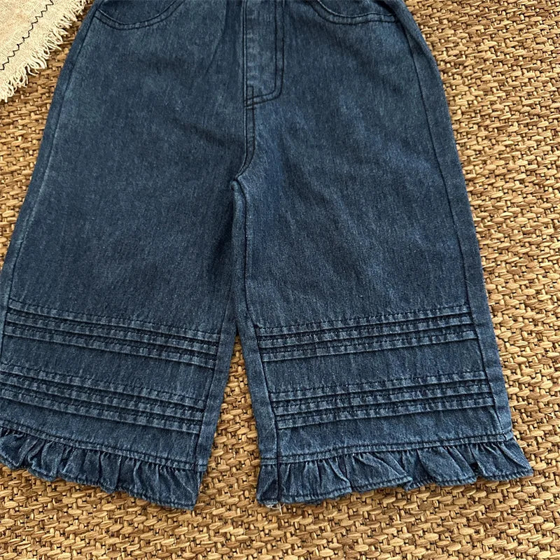 -キッズパンツ 裾フリルボーダーアクセントワイドルーズデニムパンツ ジーンズ【mh0007080】 - mamahalo shop - デニムパンツ -  べビー服 - 子供服 - 男の子 - 女の子