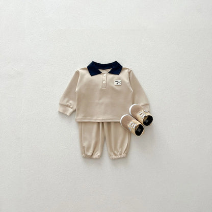 -ベビーキッズセットアップ 2点セット バックプリント長袖ポロシャツ+ロングパンツ 2カラーベビーキッズセットアップ 2点セット バックプリント長袖ポロシャツ+ロングパンツ 2カラー【mh0007225】 - mamahalo shop - 長袖セットアップ -  べビー服 - 子供服 - 男の子 - 女の子