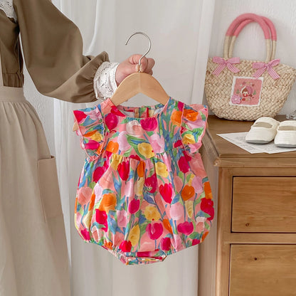 -ベビーロンパース フリルスリーブボディスーツ カラフルチューリッププリント【mh0005611】 - mamahalo shop - 半袖ロンパース -  べビー服 - 子供服 - 男の子 - 女の子