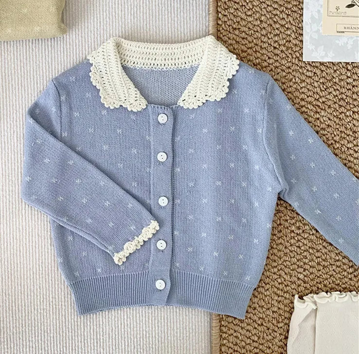 -ベビーキッズカーディガン ニット レース襟トップス ブルー/イエロー/2カラー - mamahalo shop - カーディガン・パーカー -  べビー服 - 子供服 - 男の子 - 女の子