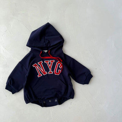 -ベビーロンパース 長袖フーディボディスーツ レターロゴ刺繍 ポケット ブルー グレー 2カラー - mamahalo shop - 長袖ロンパース -  べビー服 - 子供服 - 男の子 - 女の子